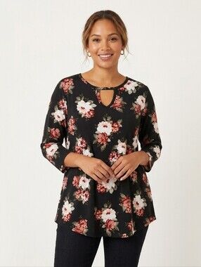 Bobbie Brooks - Floral Keyhole 3/4-Sleeve Tunic